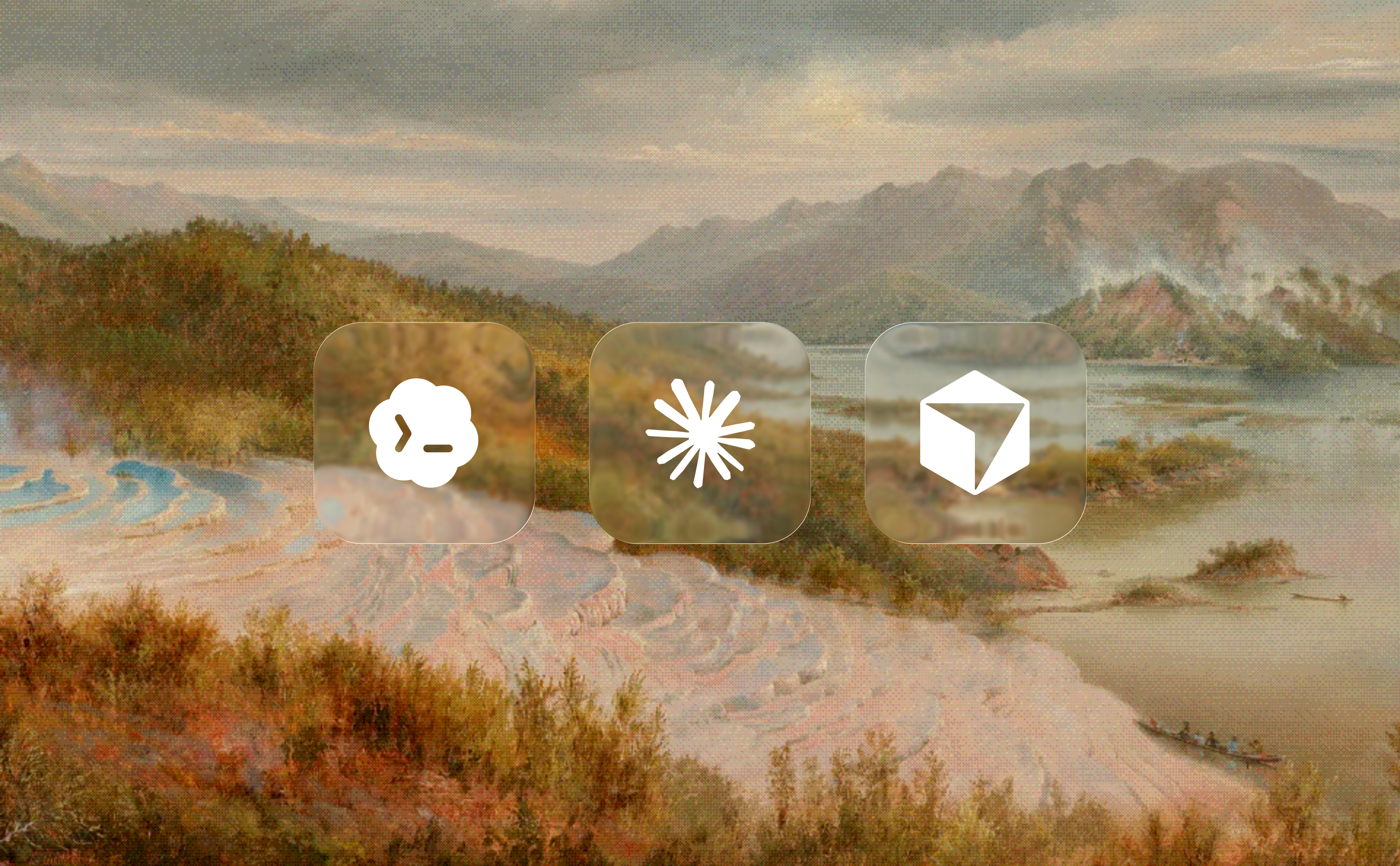A dithered mountain landscape with three translucent rounded squares containing white software icons.